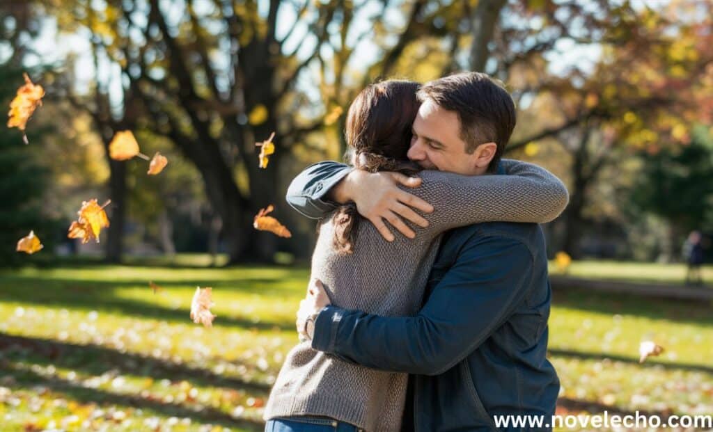 A couple in a park is enjoying and Autumn leaves are falling.