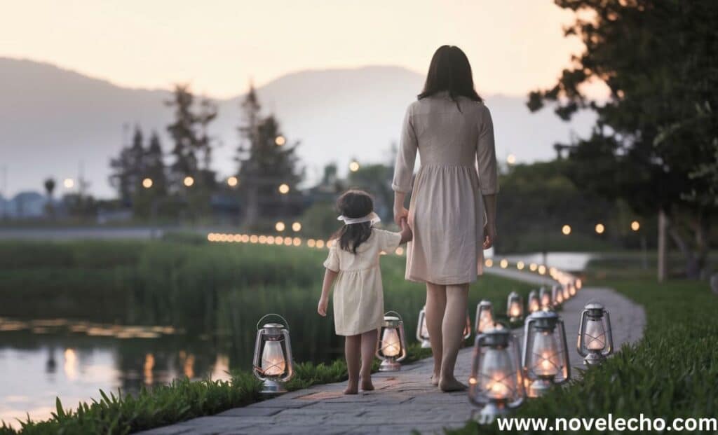 small path with rows of lanterns